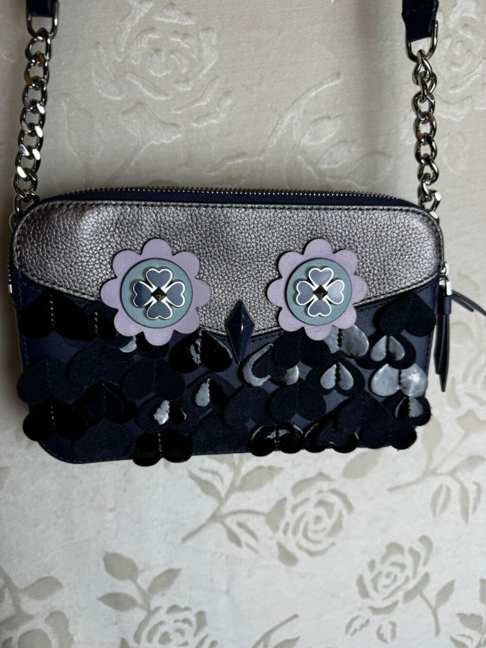 Kate Spade Zibbi Navy Crossbody Bag Owl Floral Leather Double Zip Chain Strap